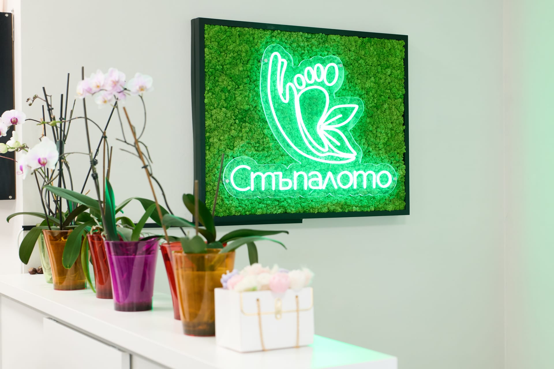 Неонова табела „Стъпалото“ върху стена от зелен мъх и подредени орхидеи